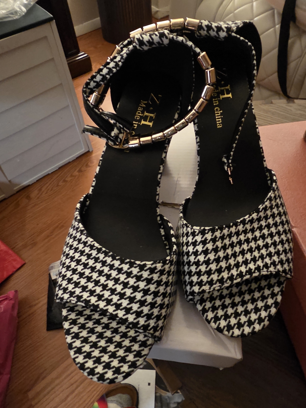Elegant Houndstooth Ankle-Strap Heels - Black & White